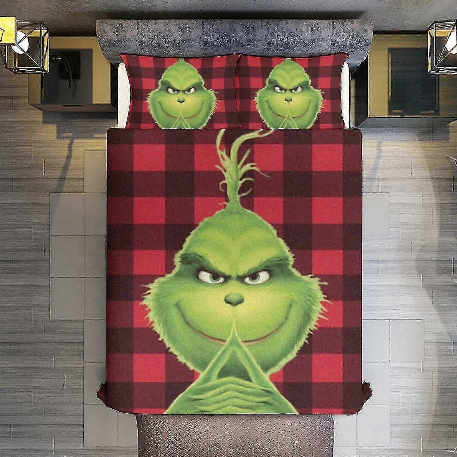 Bedding set WY229 Grinch Red Plaid 3 Pieces Duvet Cover Set Full Size Super Soft Fade Resistant Microfiber 1 Cover with Zipper and 2 Pillowc