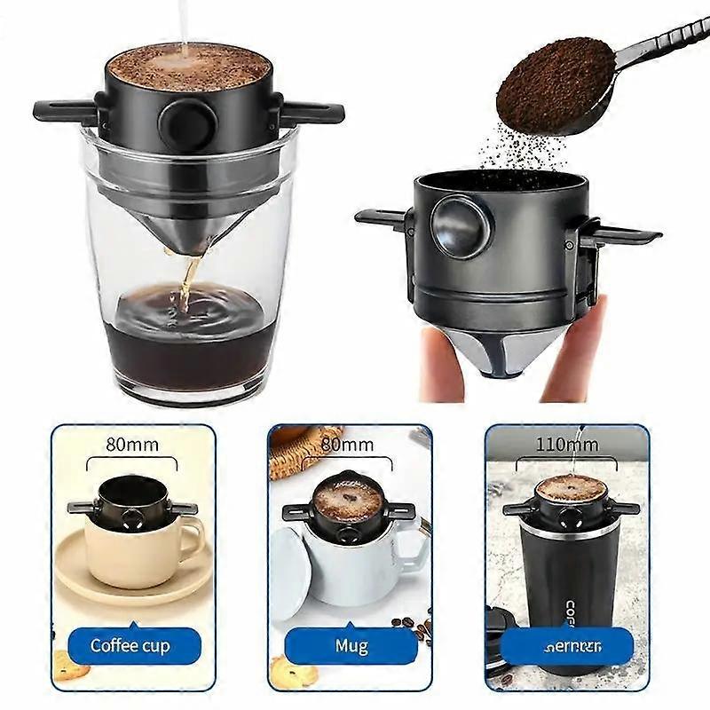 Stainless Steel Portable Coffee Filter, Easy Clean Reusable Drip Head, Paperless Pour Over, Foldable Funnel Included