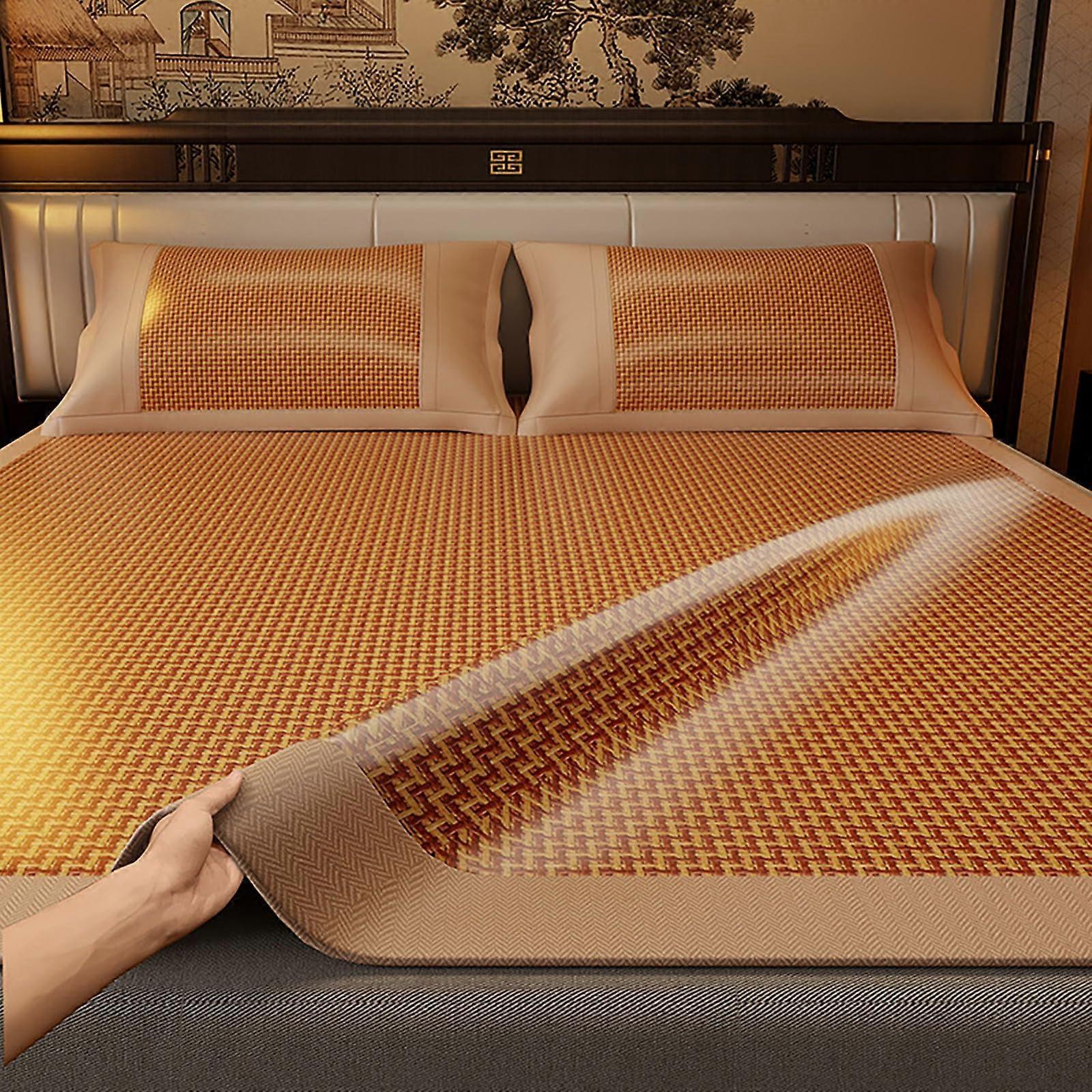 Rattan Summer Cooling Sleeping Mat 150x200cm, Foldable Double-Sided Ice Silk Bed Sheet with Pillowcase, Easy to Clean Brown