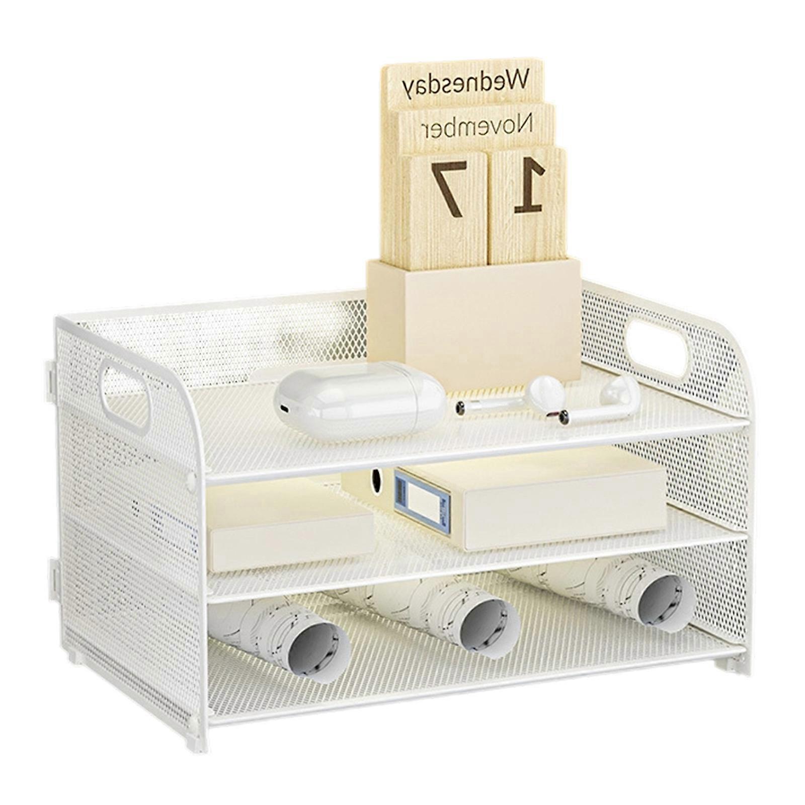 3 Tiers Desk Organiser Paper Organiser with Handle Notebooks Sorter Rack Desk Accessories for Office Home and School  White