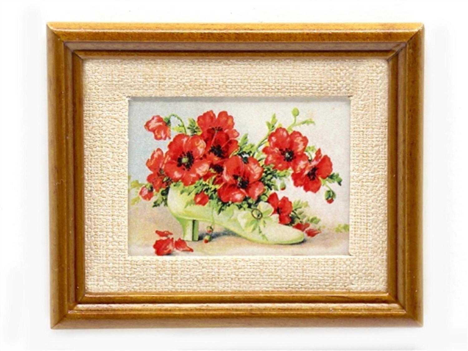 Dolls House Shoe Of Poppies Picture In Walnut Frame Red Flowers Painting 1:12