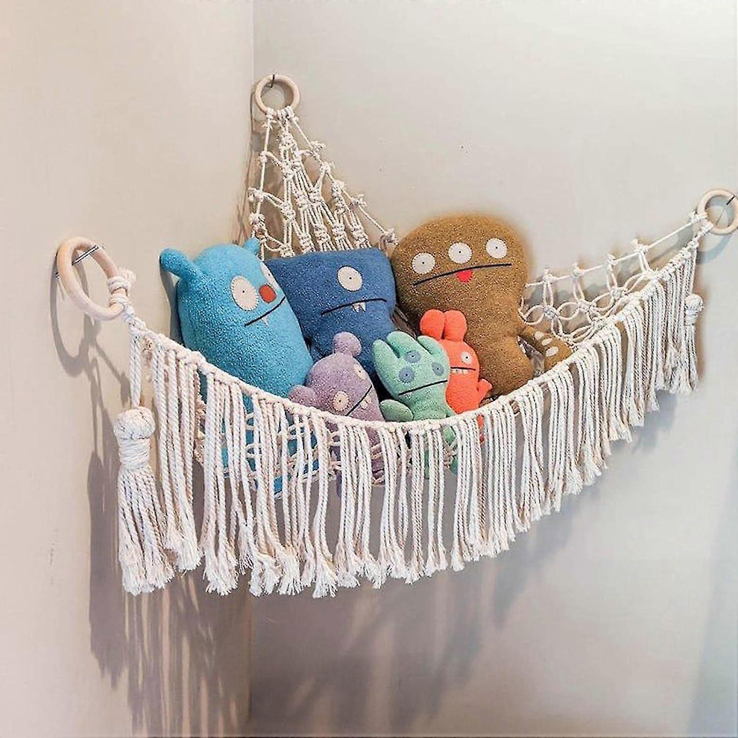 Toy storage net for plush toys, cotton rope hammock with hand-woven design