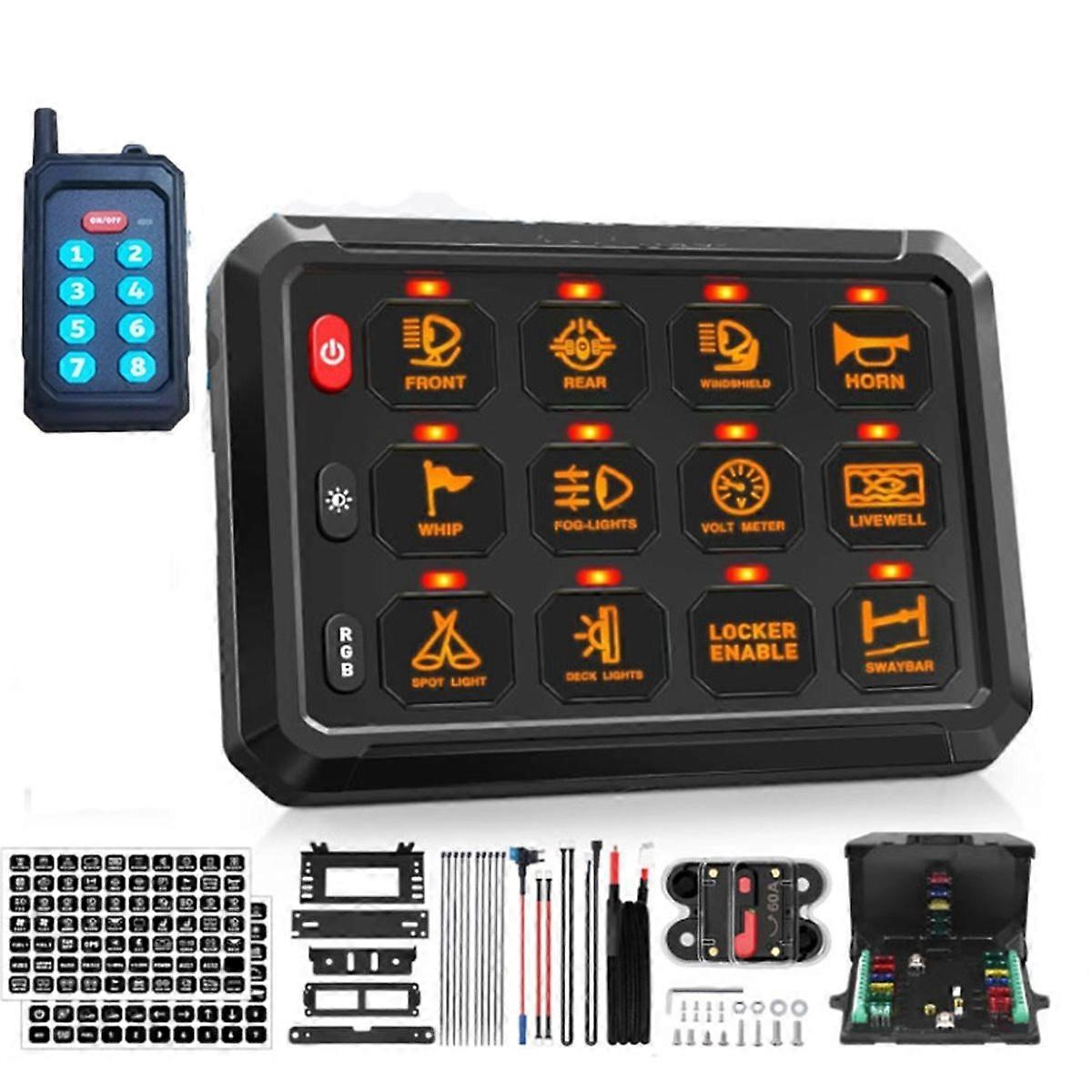 12Gang Switch Panel with Wireless Remote Control, Circuit Box RGB Colors Toggle Switch Momentary Cir