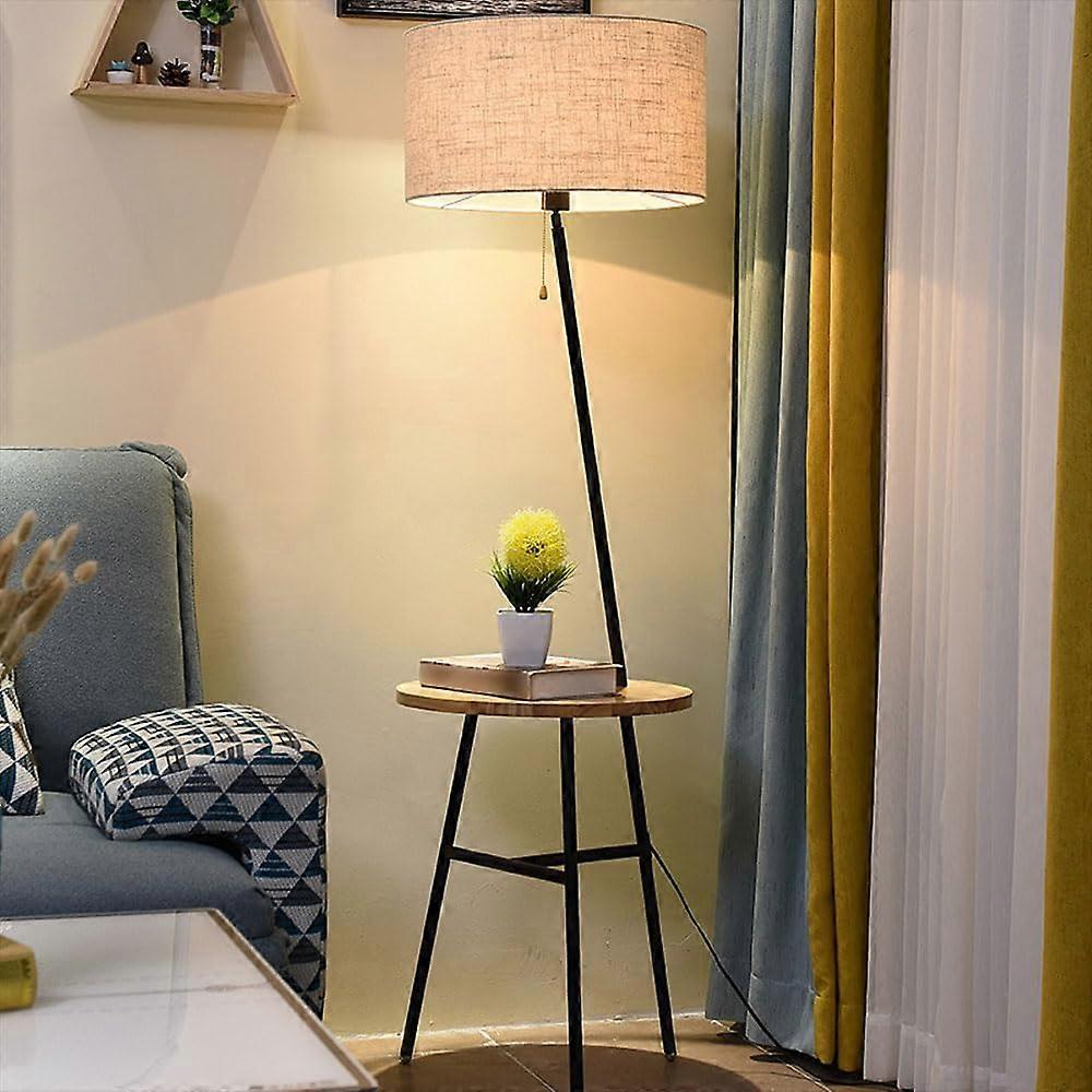 Classic Linen Shade Floor Lamp with Table, SpaceSaving Standing Lamp for Living Room and Bedroom