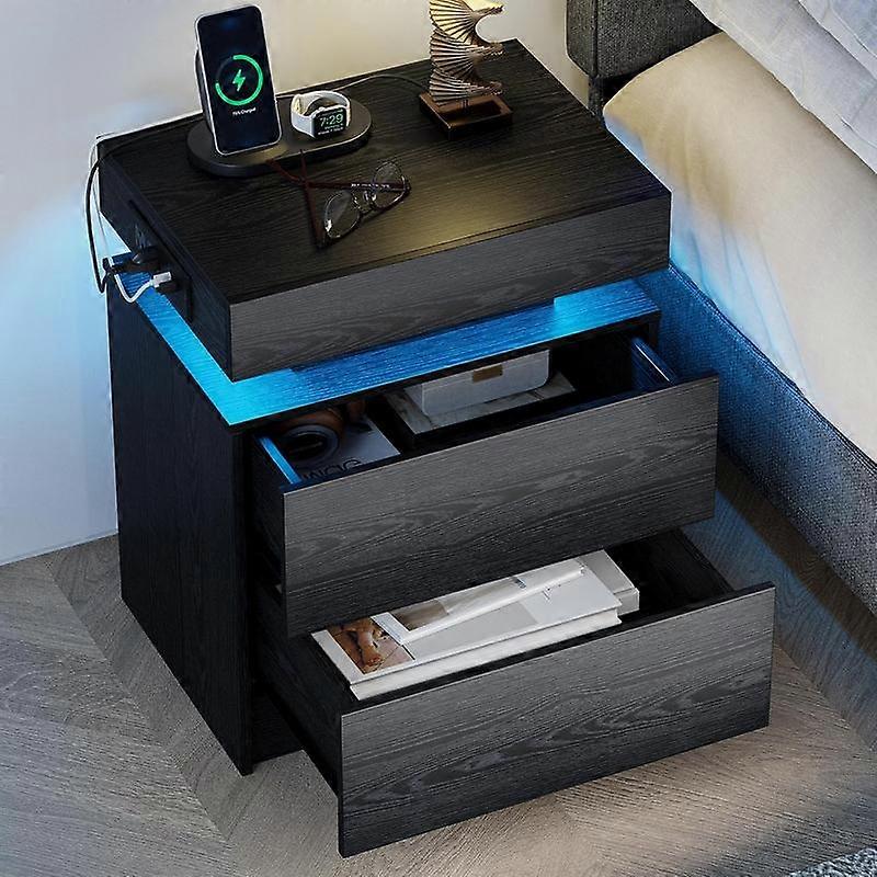 LIKIMIO Night Stand with Charging Station, Modern Black Nightstand with LED Light and 2 Drawers, Bedside Tables/End Table for Bedroom