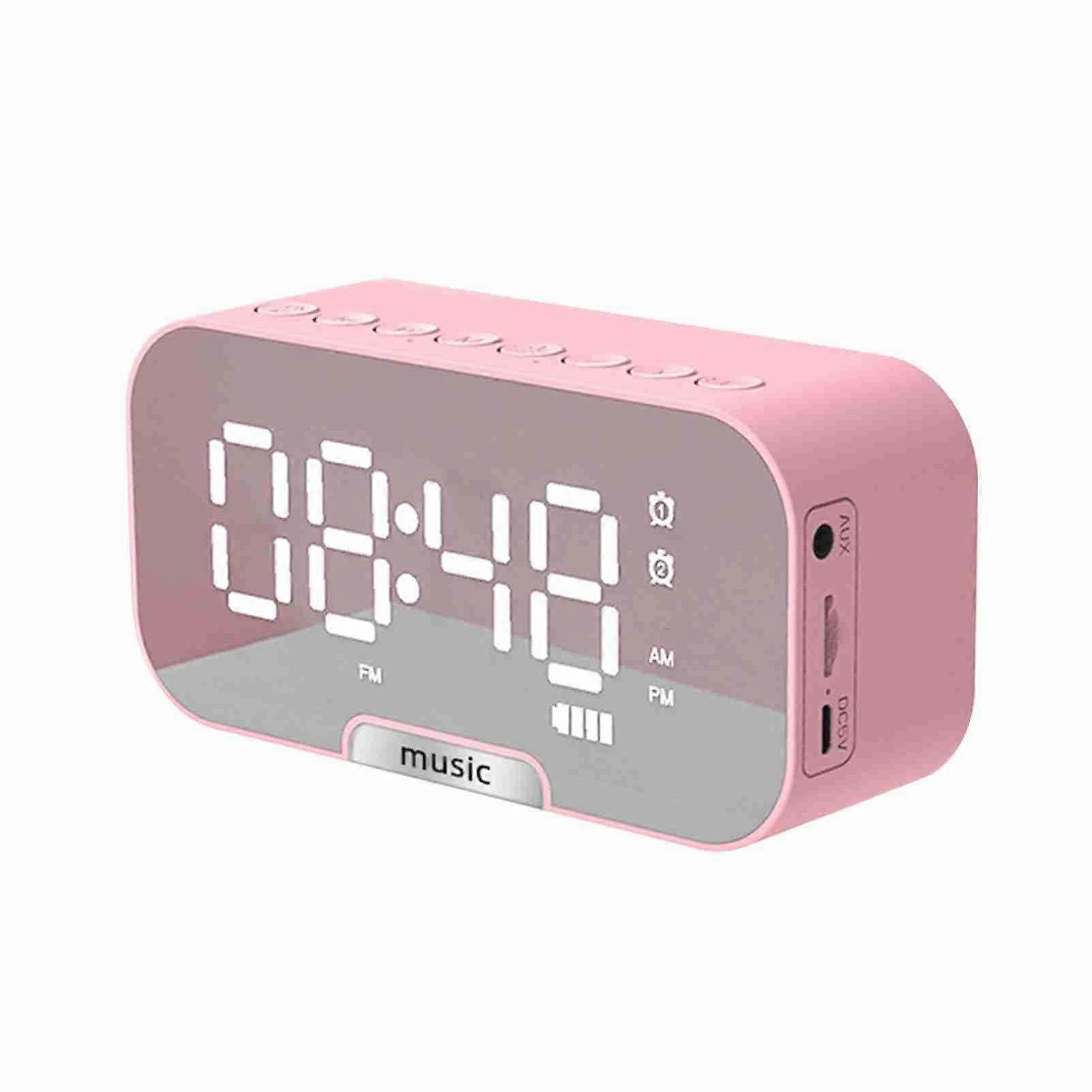 Digital Mirror Alarm Clock Bluetooth Speaker with FM Radio Dual Alarms Adjustable Brightness Pink