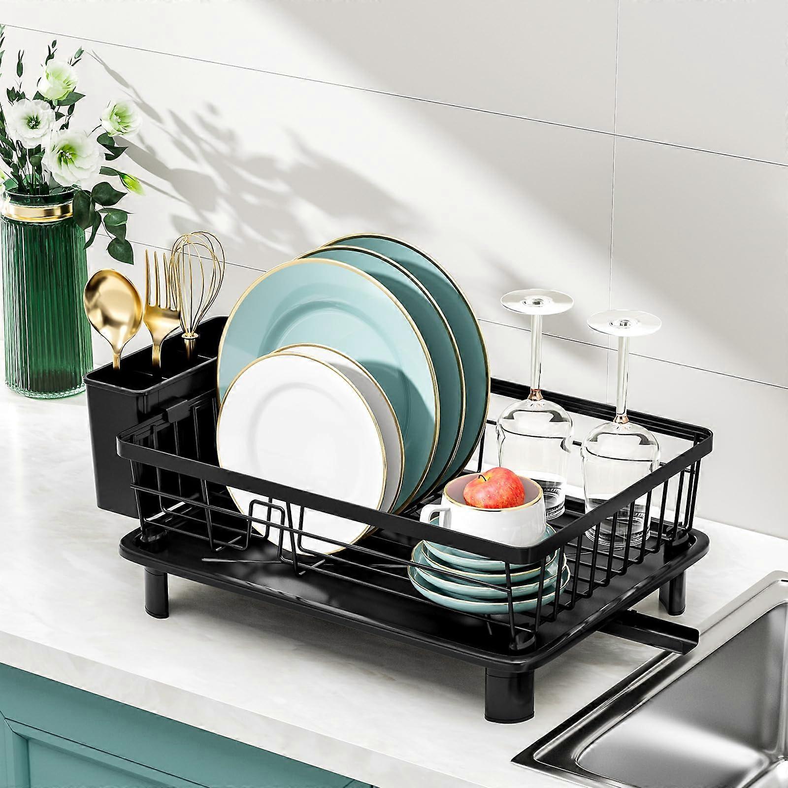 Dish Drying Rack with Utensil Holder, Compact Iron Kitchen Counter Organizer, Efficient Water Draining