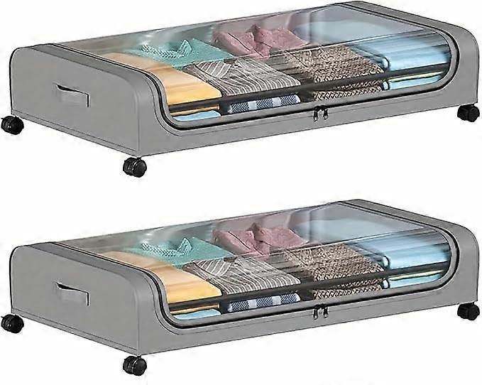 Under Bed Storage with Wheels, 2Pack Clear Lid Rolling Containers for Shoes, Clothes, Toys (Grey)