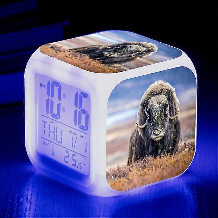 Musk Ox Creative Large Screen Digital Multifunctional Color Changing Square Seven-Color Alarm Clock Cartoon Children's Alarm Clock