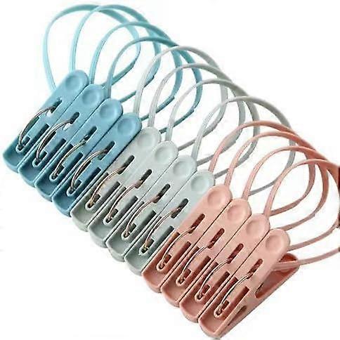 12Pack Windproof Clothesline Clips with Rope, Plastic AntiSlip Laundry Pegs in 3 Colors