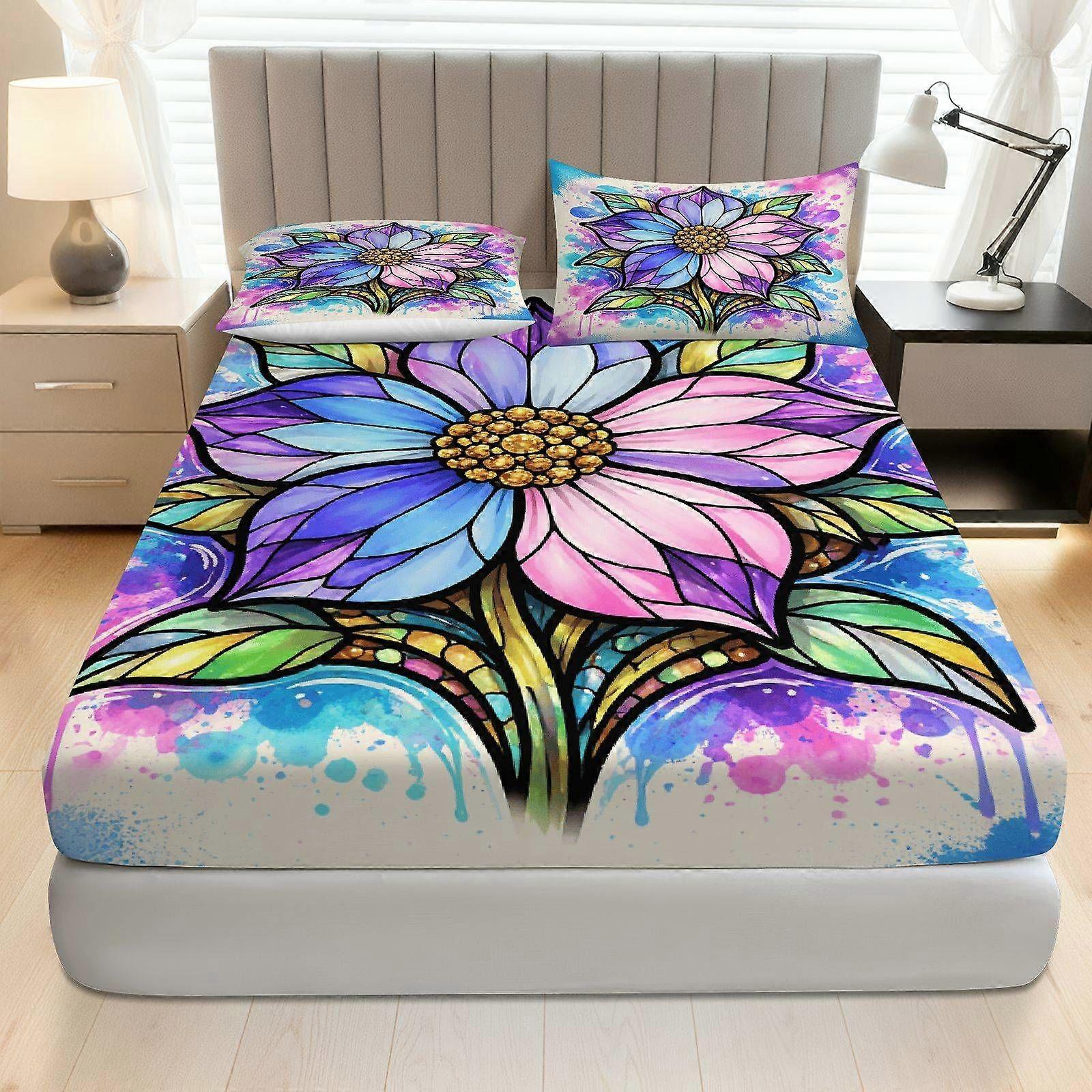Vibrant Floral Art Fitted Sheet Three Piece Set (1*Fitted Sheet+2*Pillowcases, Coreless), Spring Theme, Flower Pattern Bedding, Mattress Protector Sof