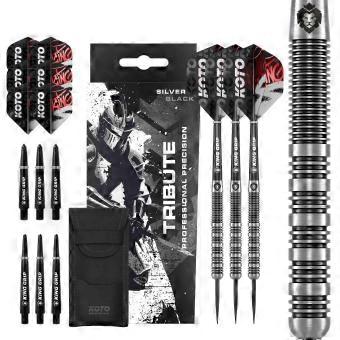 Tribute Tungsten Look, Dartspijlen, 14G/18G, Zilver & Zwart, Darts set inkl. 3 Barrels, Flights + Shafts & Dart Etui