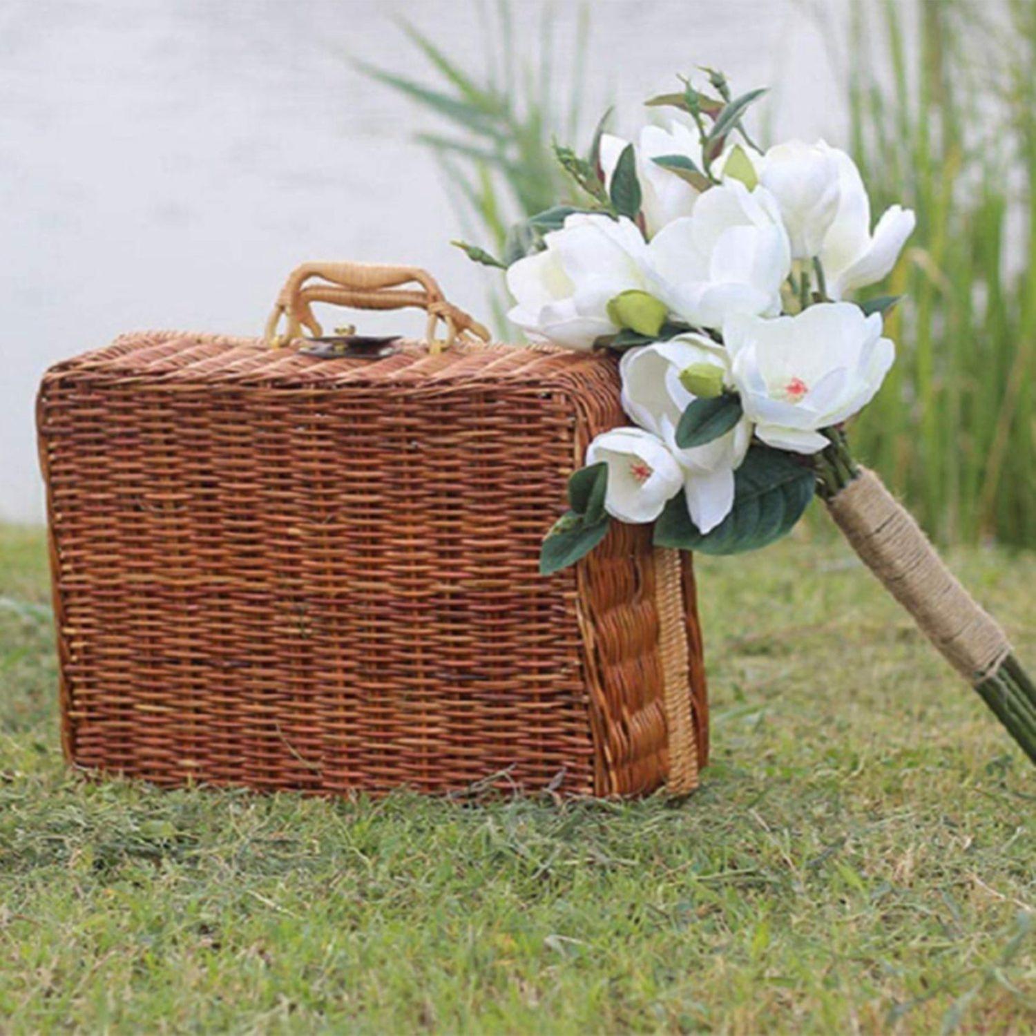 Joli Panier De Pique-nique Vintage En Osier Et Tissu - Bon état