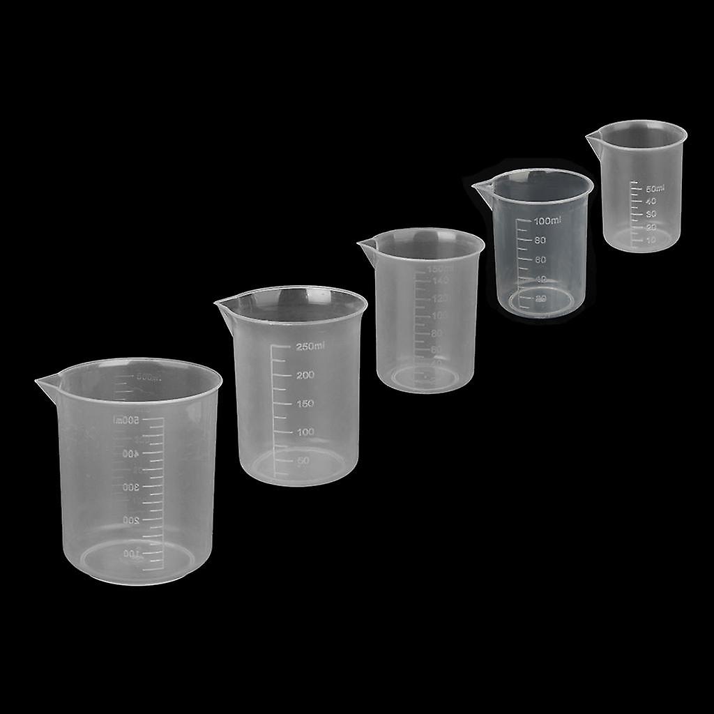 5pcs Assorted Sizes Plastic Lab Beakers Test Measuring Graduated Cup