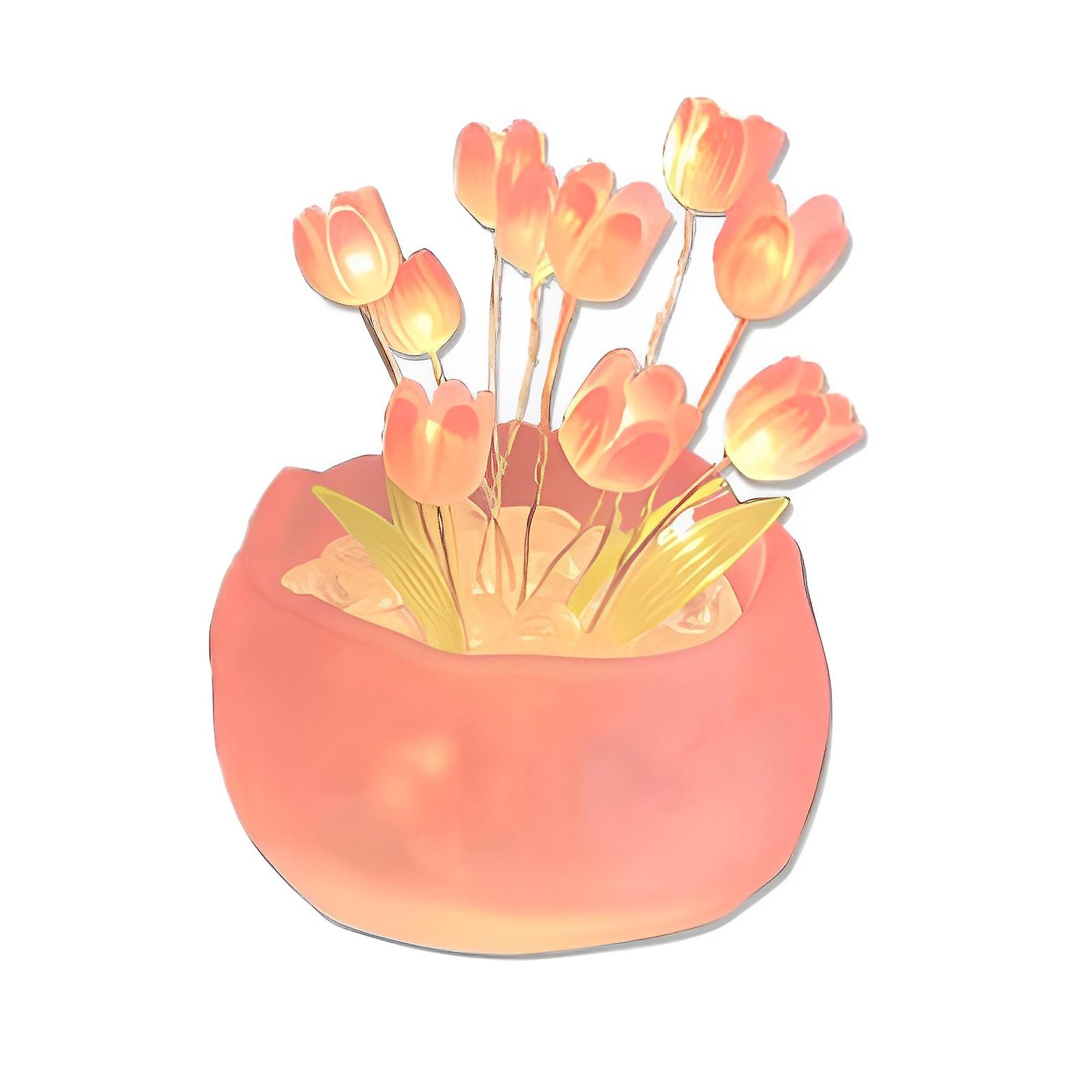Diy Tulip Night Light Kit With Pink Pumpkin Base & 10 Tulips For Bedroom Sleeping Table Lamp