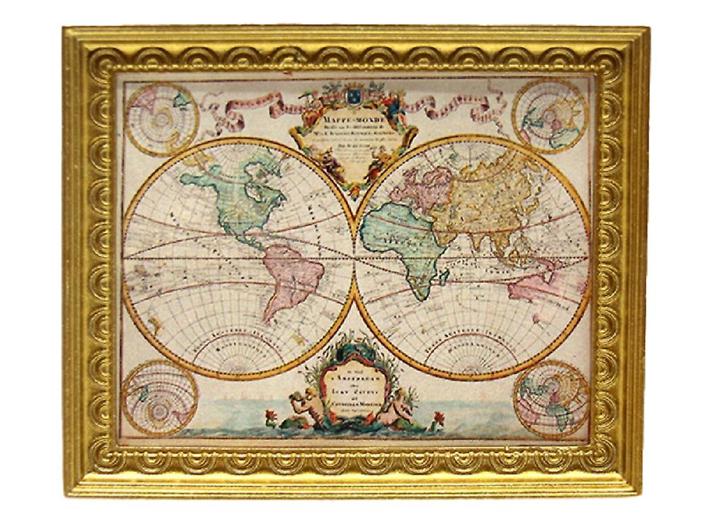 Dolls House Vintage World Map Painting Picture Gold Frame Miniature Accessory