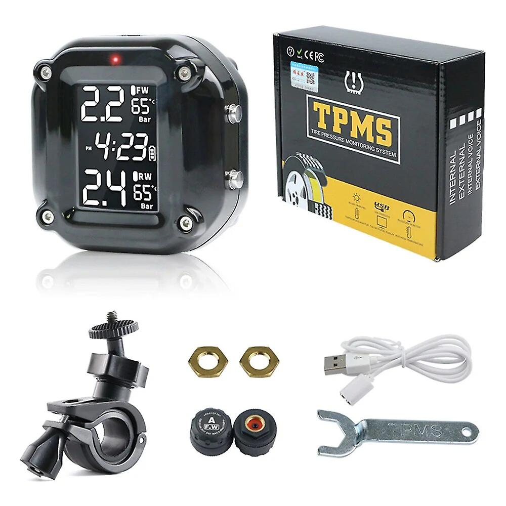 Motorcycle Tpms Motor Tire Pressure Tyre Temperature Monitoring Alarm System With 2 External Sensors Usb Charging