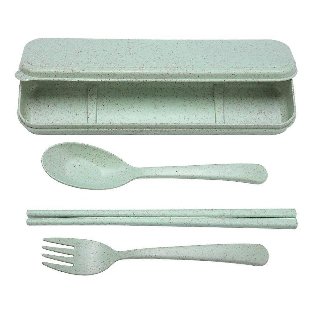 3 PCS Portable Wheat Straw Flatware Spoon Chopsticks Fork with Travel Case Green