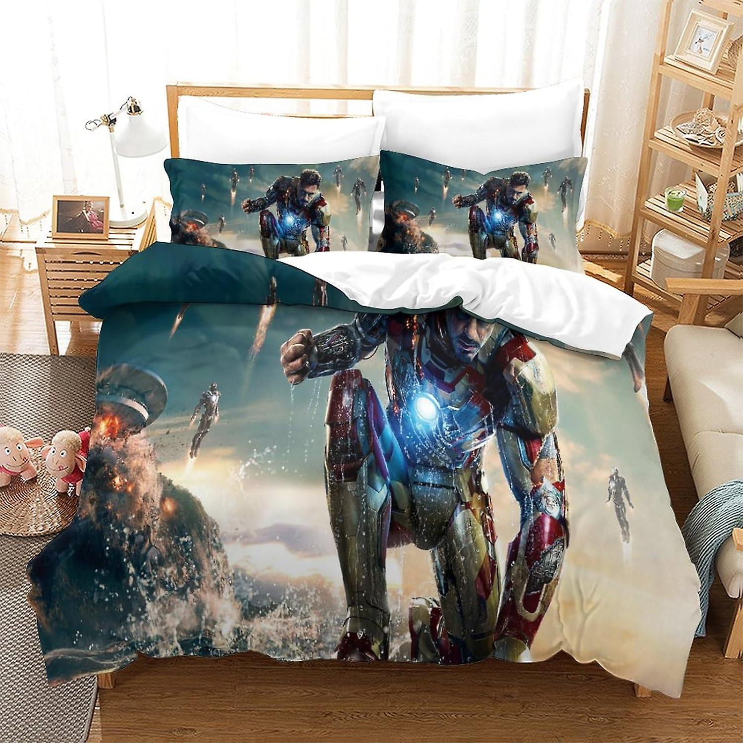 HOUKIG Bed Set Iron Man Superheroes with Duvet Cover And Pillowcase,with Invisible Zip, 3 Piece Set with Zip And 2 Pillowcases,