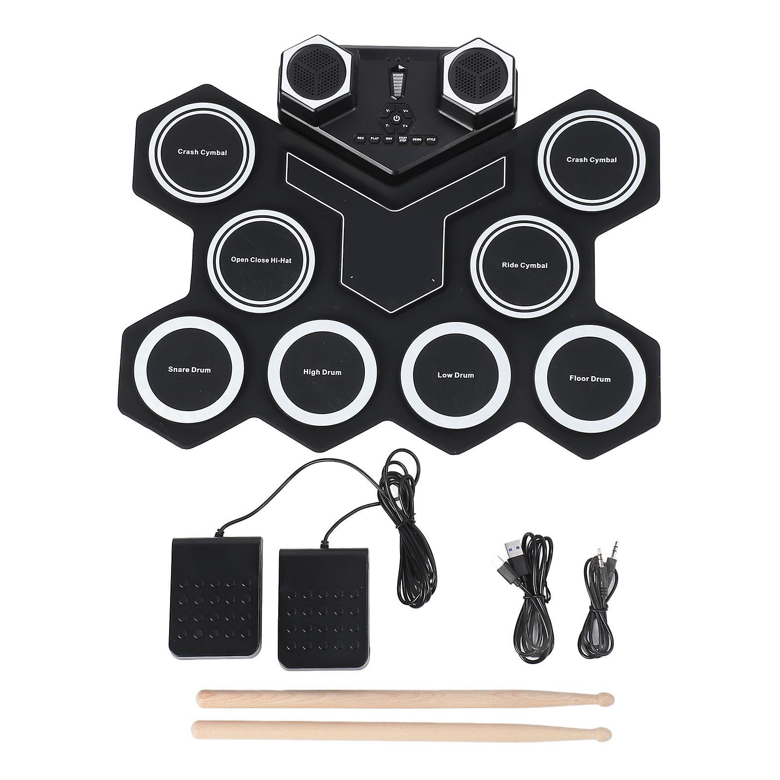 Electronic Drum Set with Dual Speakers Bluetooth USB Rechargeable Roll Up Drum Practice Pad for Beginners