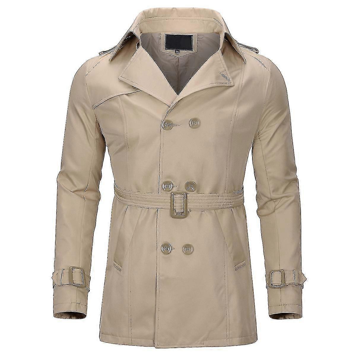Mens Double-breasted Solid Lapel Trench Coat#khaki