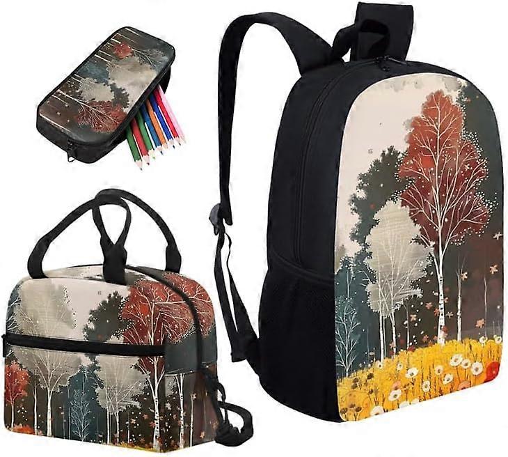 Retro Forest Floral 3-Pcs Backpack for Boys and Girls School Bookbags Vintage Tree Flower Pattern Insulated Lunch Bag Pencil Case Cushioned Straps Tra
