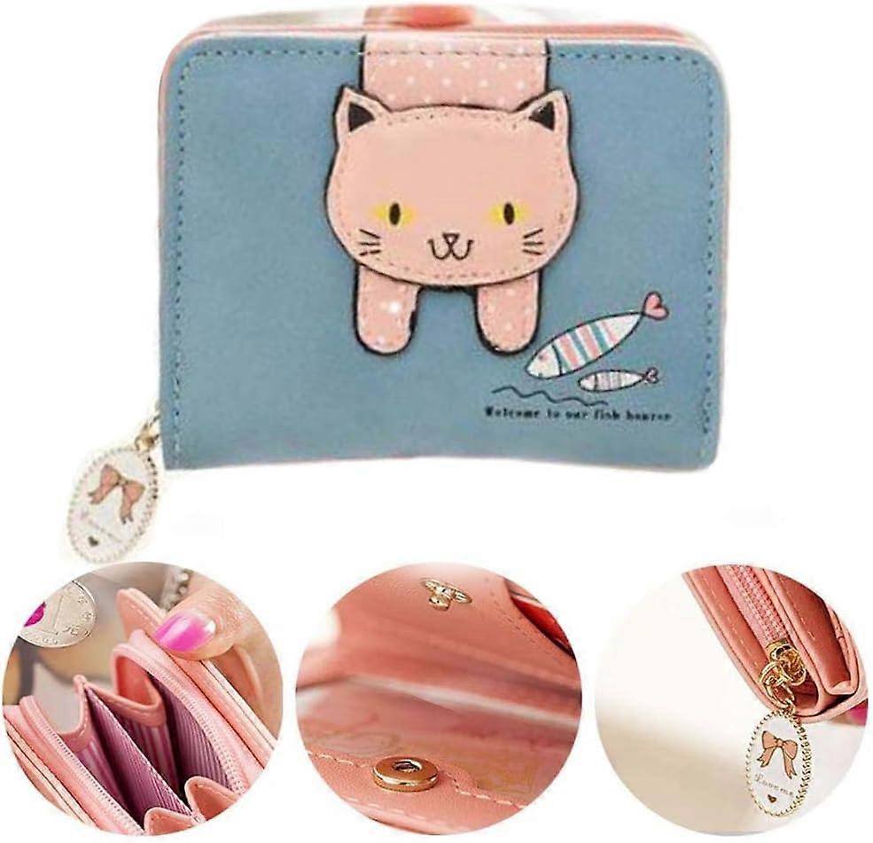 Ladies cat wallet, leather material, with zipper, decorative small Wallet, Can Be Taken With You, Gifts for Girls (Blue)