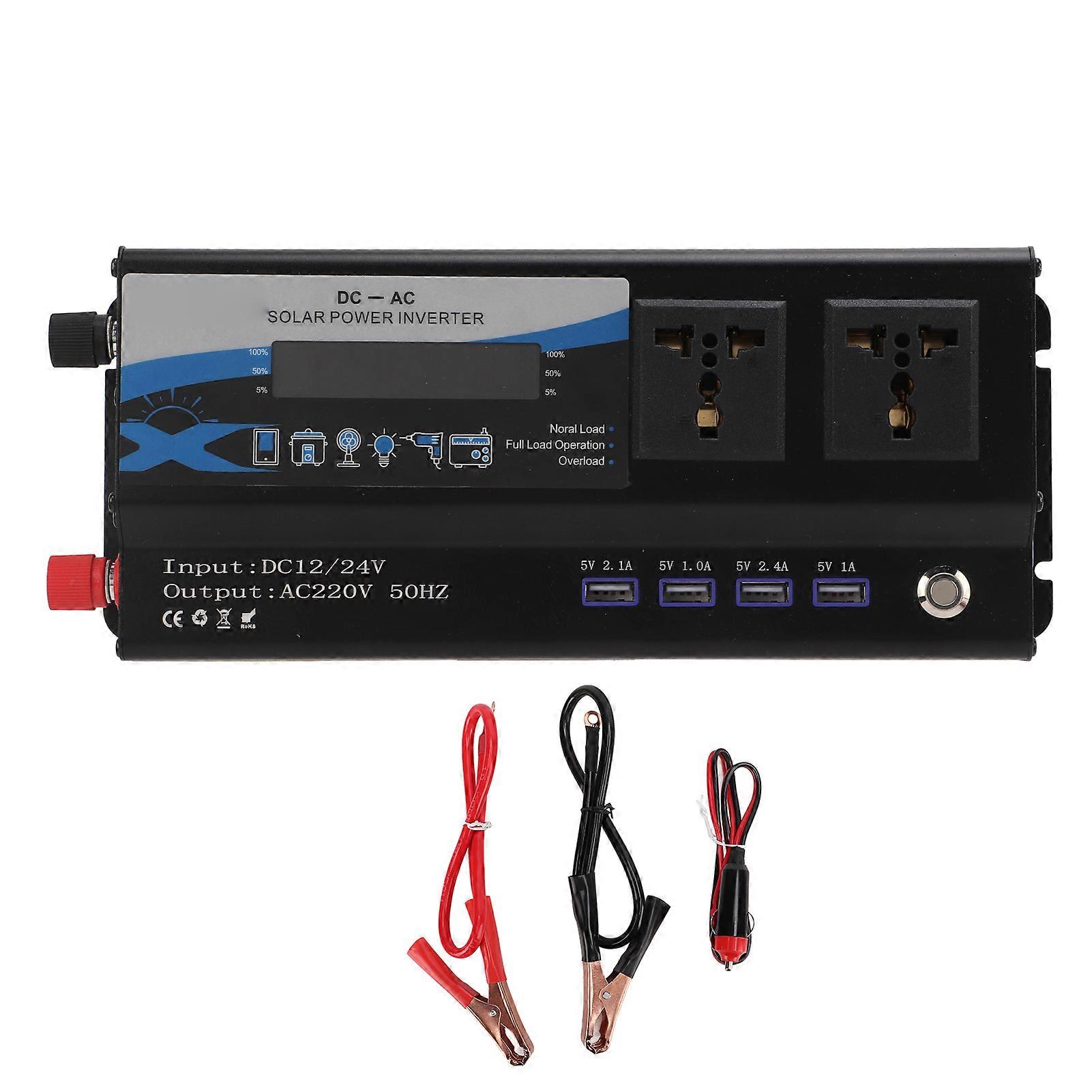 Car Power Inverter Rated 900W DC 12/24V to AC 50HZ Double Socket with Ambient Light 4 USB Ports Modified Sine Wave