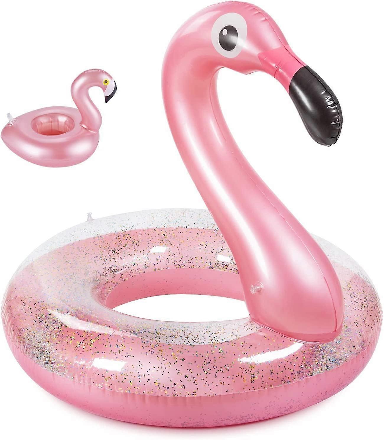 Inflatable Flamingo Swimming Ring with Sequins and Drink Holder and Patch Kit Flamingo Swimming Animal Water Beach Pool Party Toy for Children and Adu