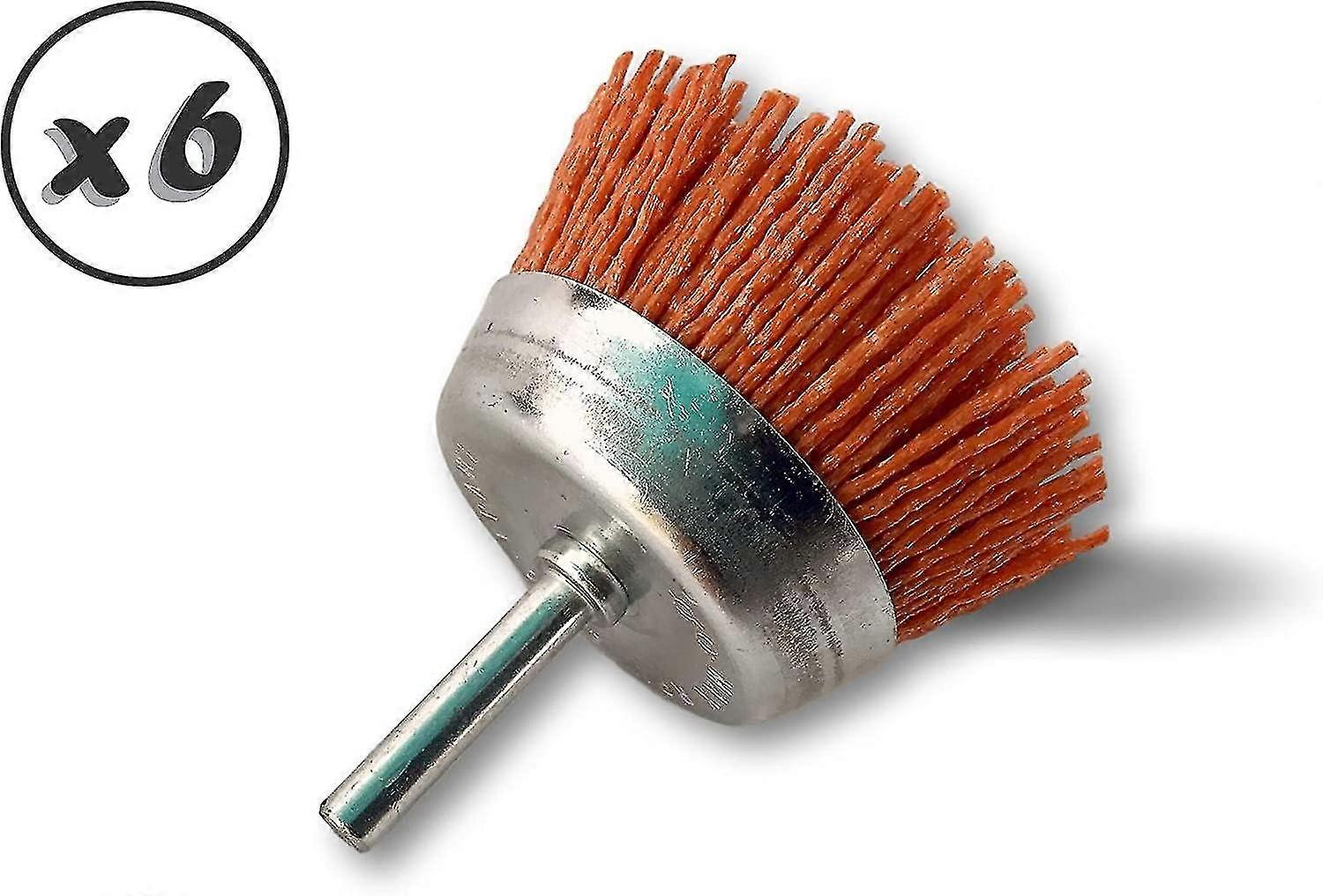 قطع فرشاة معدنية دوارة 75 مم | طقم من 6 | على قضيب 6 مم | شعيرات نايلون مطحونة قياس 80 | لسائقي كوليت