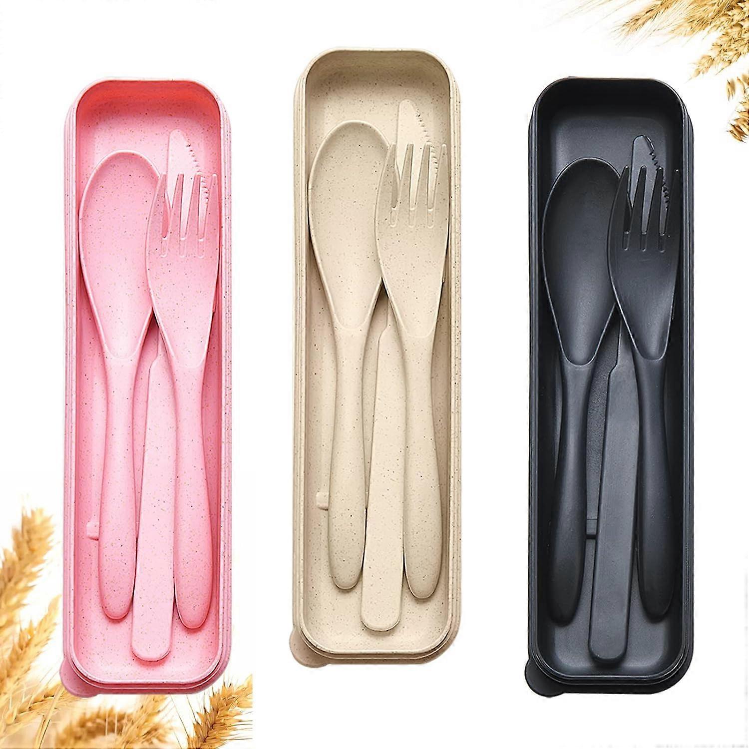 Reusable Travel Utensils Set with Case, 3 Sets Wheat Straw Portable Knife Fork Spoons Cutlery, Eco-Friendly BPA Free Plastic Tableware for Kids Adults