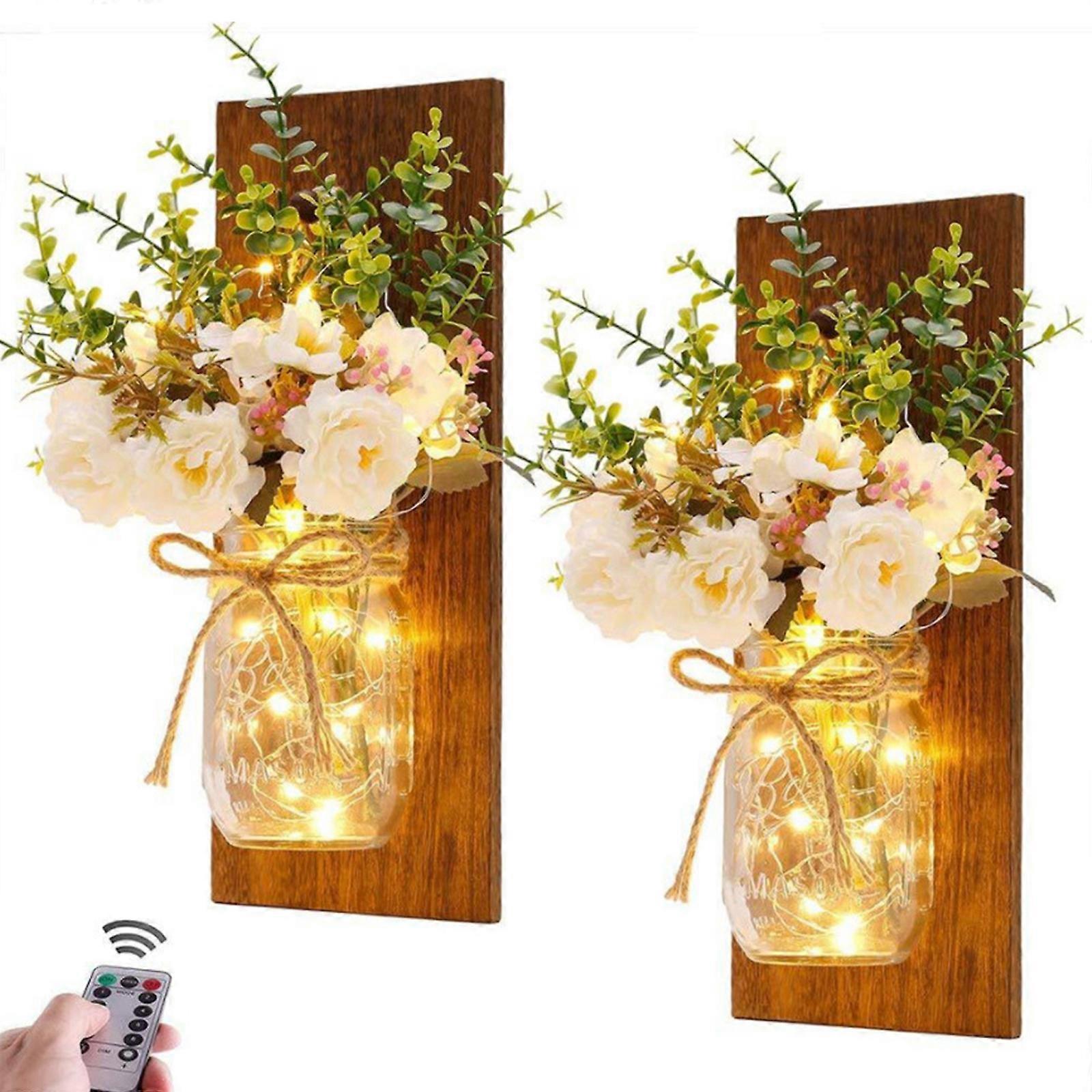Rustic Wooden Mason Jar Wall Sconces with Artificial Peony