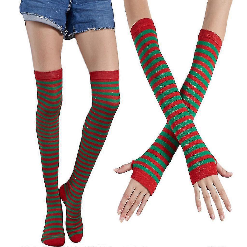 Women Multicolored Striped Thigh High Socks Arm Warmers Set Winter Party Knitted Over Knee Stockings Fingerless Gloves