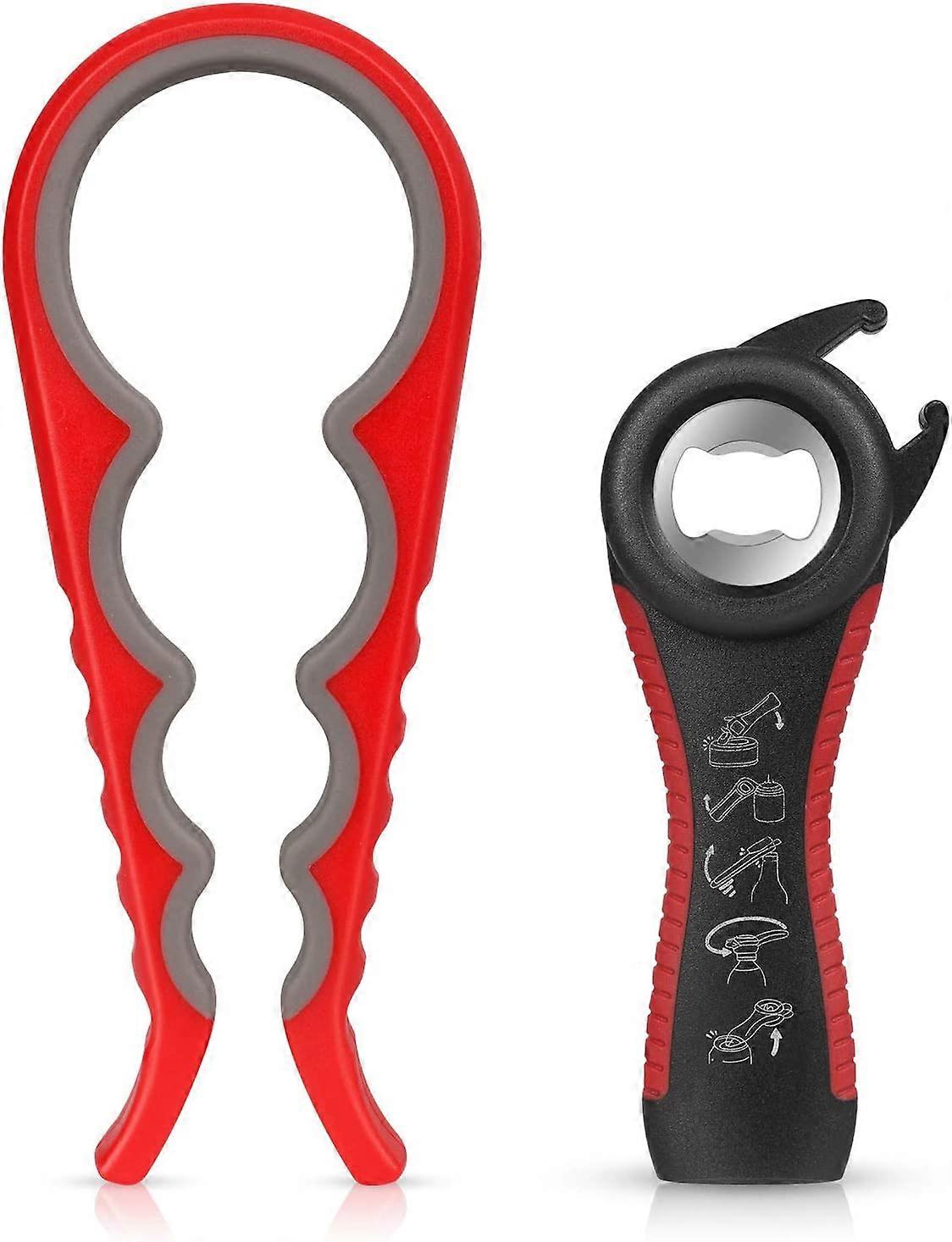 2 Piece Bottle Opener, Can Opener, Lid Opener, 5-in-1 Bottle Opener and 4-in-1 Can Opener, Non-Slip Bottle Opener for Seniors with Arthritis, Red