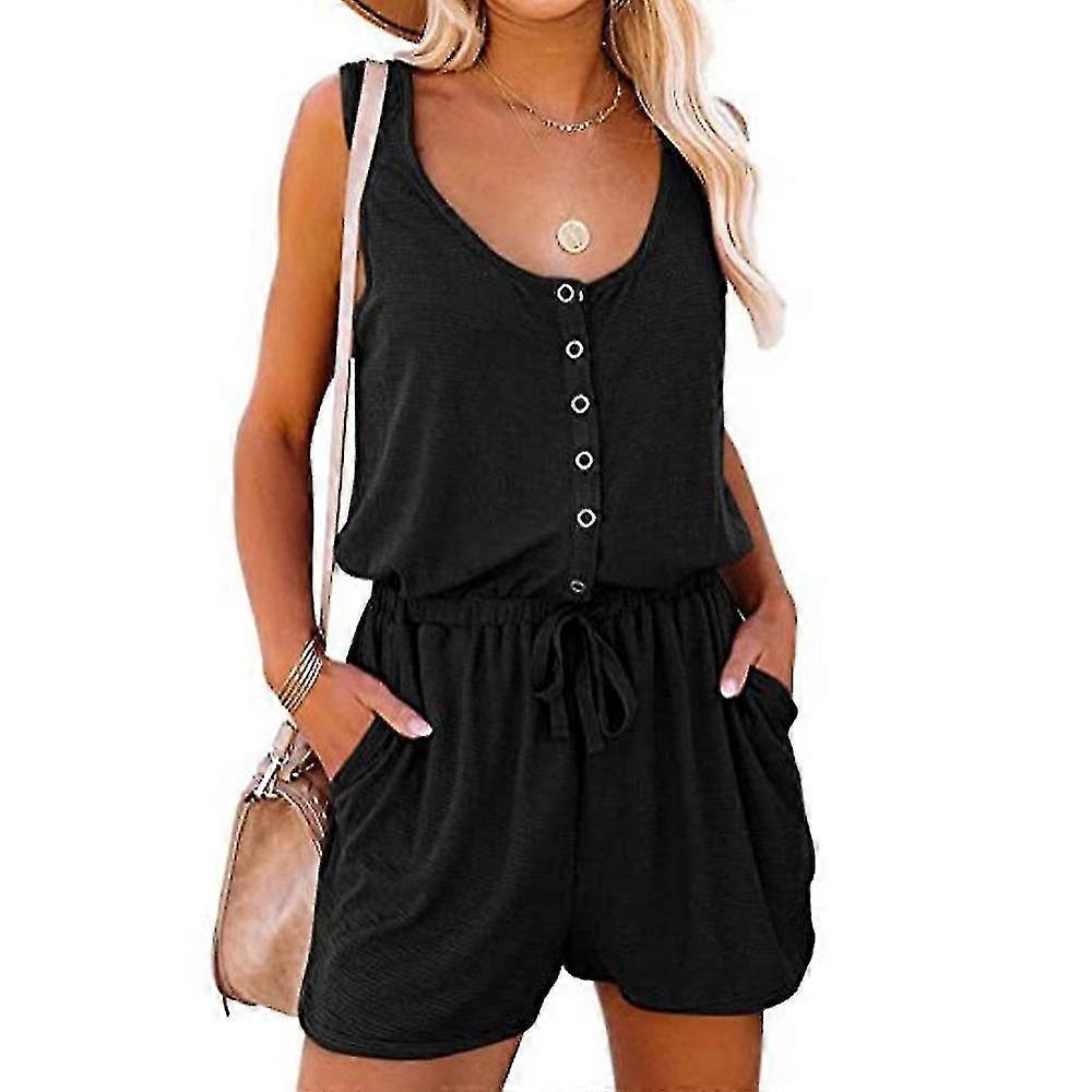 Women Ladies Summer Buttons Tie Knot Playsuit Romper Drawstring Sleeveless Short Jumpsuit