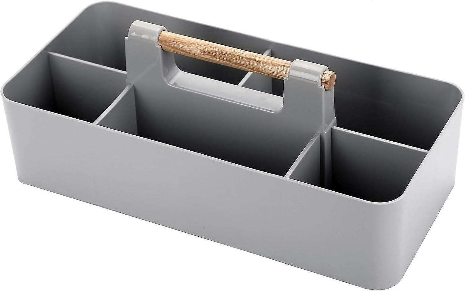 Rectangular Stackable Desktop Storage Organizer Tote Divided Basket Bin, Plastic 5 Compartments Storage Box Holder with Wood Handle (Light Grey)