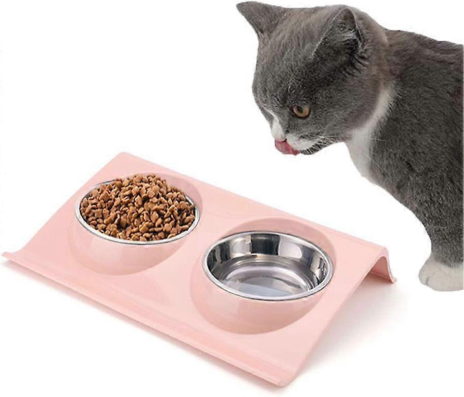 Doppia ciotola per gatti in acciaio inossidabile, doppia ciotola per cani di piccola taglia, doppia ciotola per animali domestici, doppia ciotola per gatto - rosa
