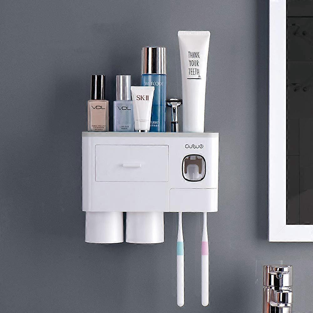 Automatic toothpaste dispenser with wall mounted toothbrush holder, 6 toothbrush compartments, 2 cup