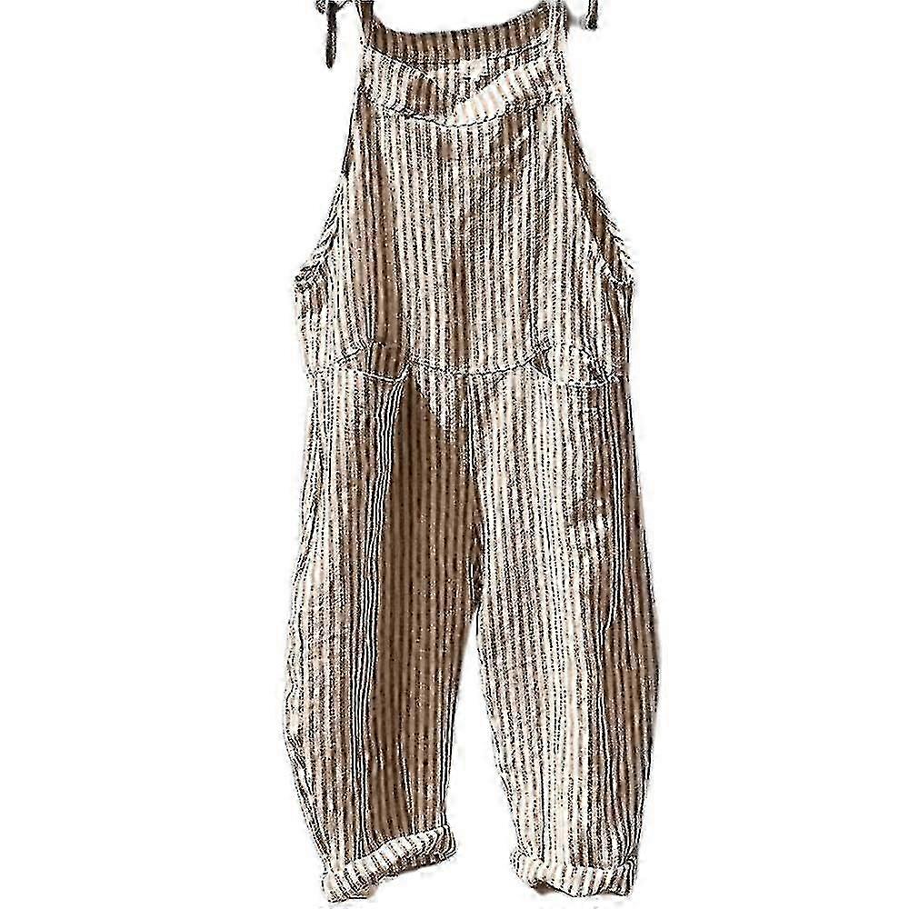 Women's Ladies Summer Striped Casual Loose Long Bib Overalls Pants Wide Leg Jumpsuits Baggy Rompers Trousers With Pockets VCNMR