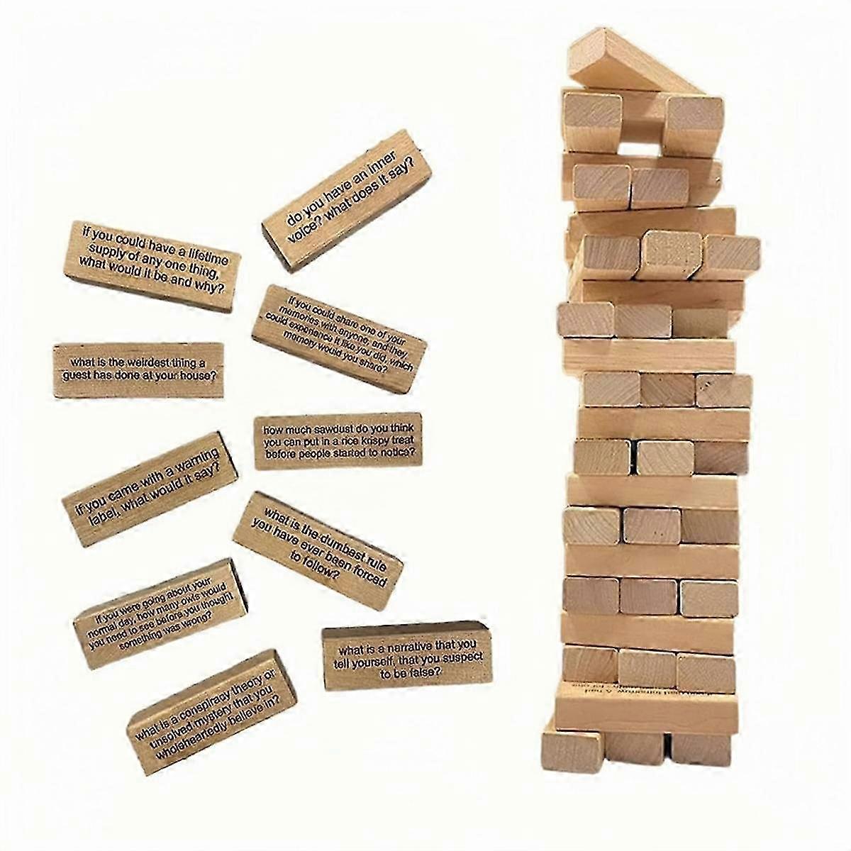 Questions Tumbling Tower Game, 54 Pieces Questions Tumblin' Tower Game, Wooden Board Stacking Game
