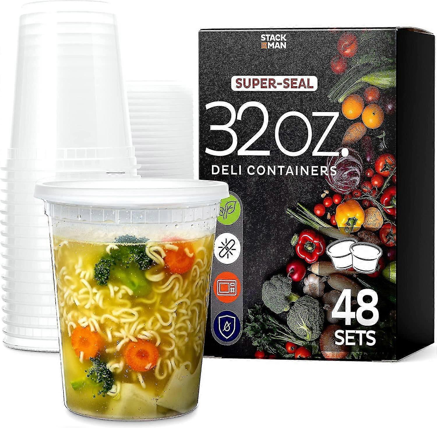 [48 Sets -32 Oz.] Plastic Deli Food Storage Containers With Airtight Lids - Soup Containers With Lids
