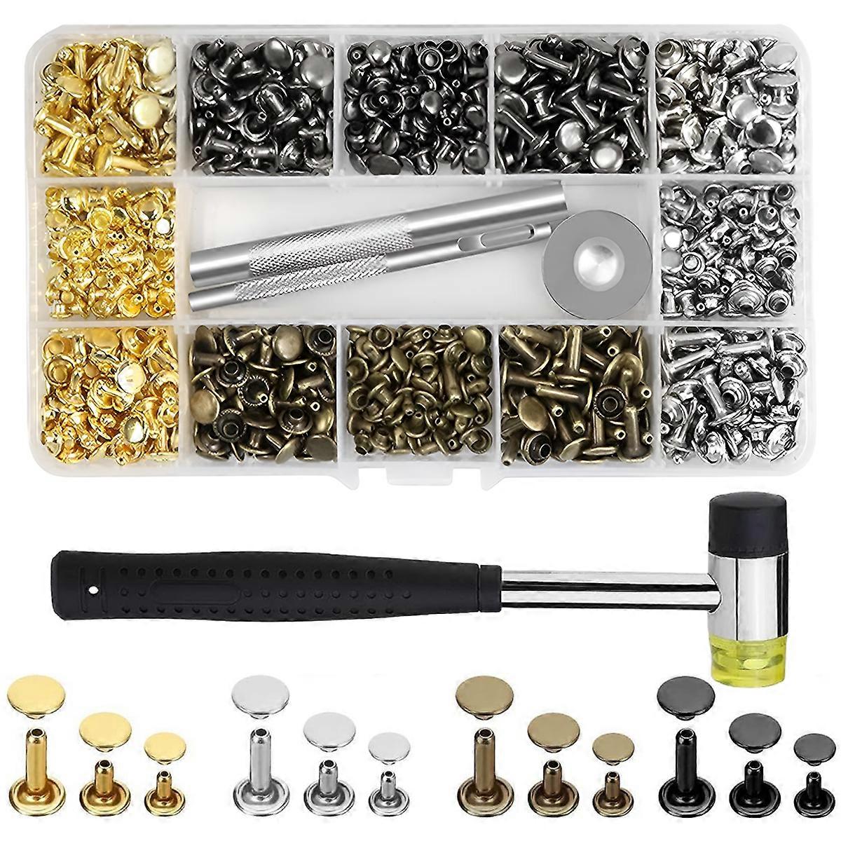 420 Sets Leather Rivet Set 4 Colors Double Cap Rivets For Leather 3 Sizes With Rubber Mallet Installation Tool Set 3 Pieces For Diy Leather Craft, Clo