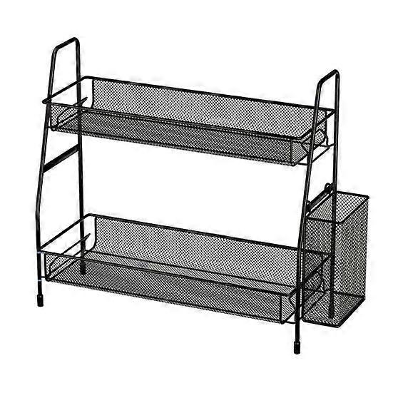 Double Layer Storage Rack with Side Storage Basket Hollow Mesh Iron Detachable Stable Anti-skid Bedroom Cosmetic