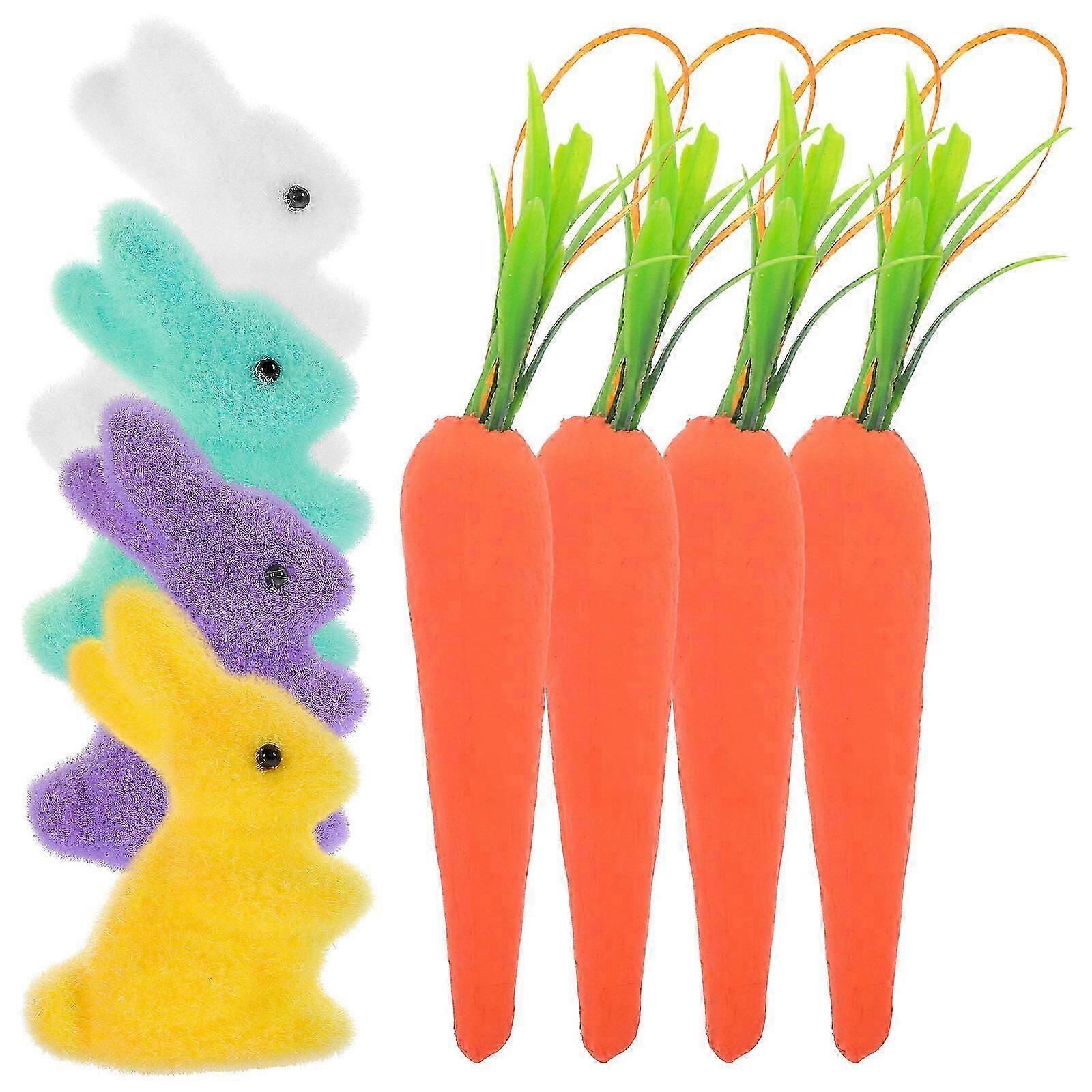 8pcs Colorful Easter Carrot And Rabbit Decoration Easter Party Ornament Fluffy Bunny And Foam Carrot