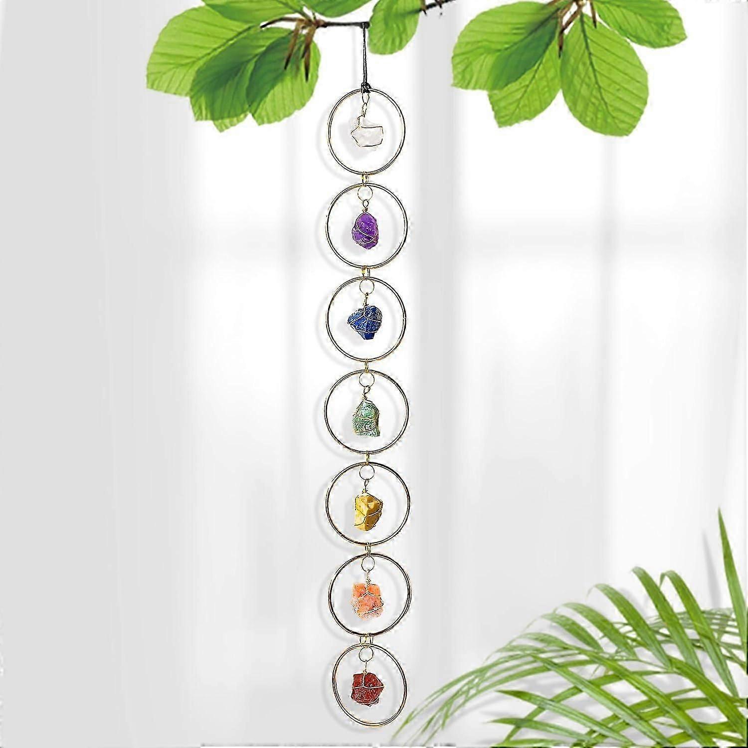 Natural Raw Crystal Stone 7 Chakras Wall Decor Healing Crystal Gemstone Outdoor Indoor Window Round Hanging Home Decoration