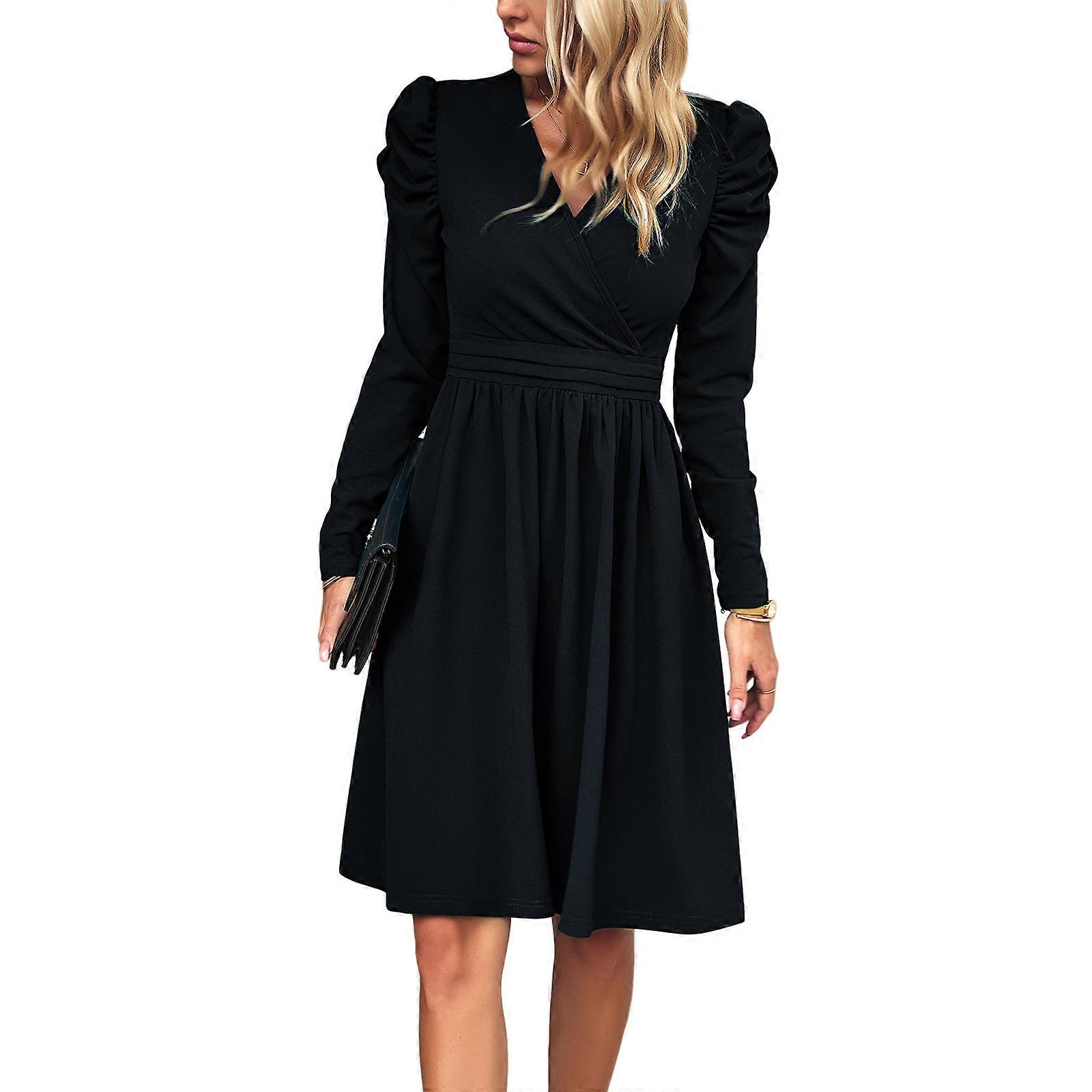 Womens Ruched A-line Dress Long Sleeve Wrap V-Neck Party Midi Dress Sexy Elegant  Cocktail Dresses Solid Color Black S