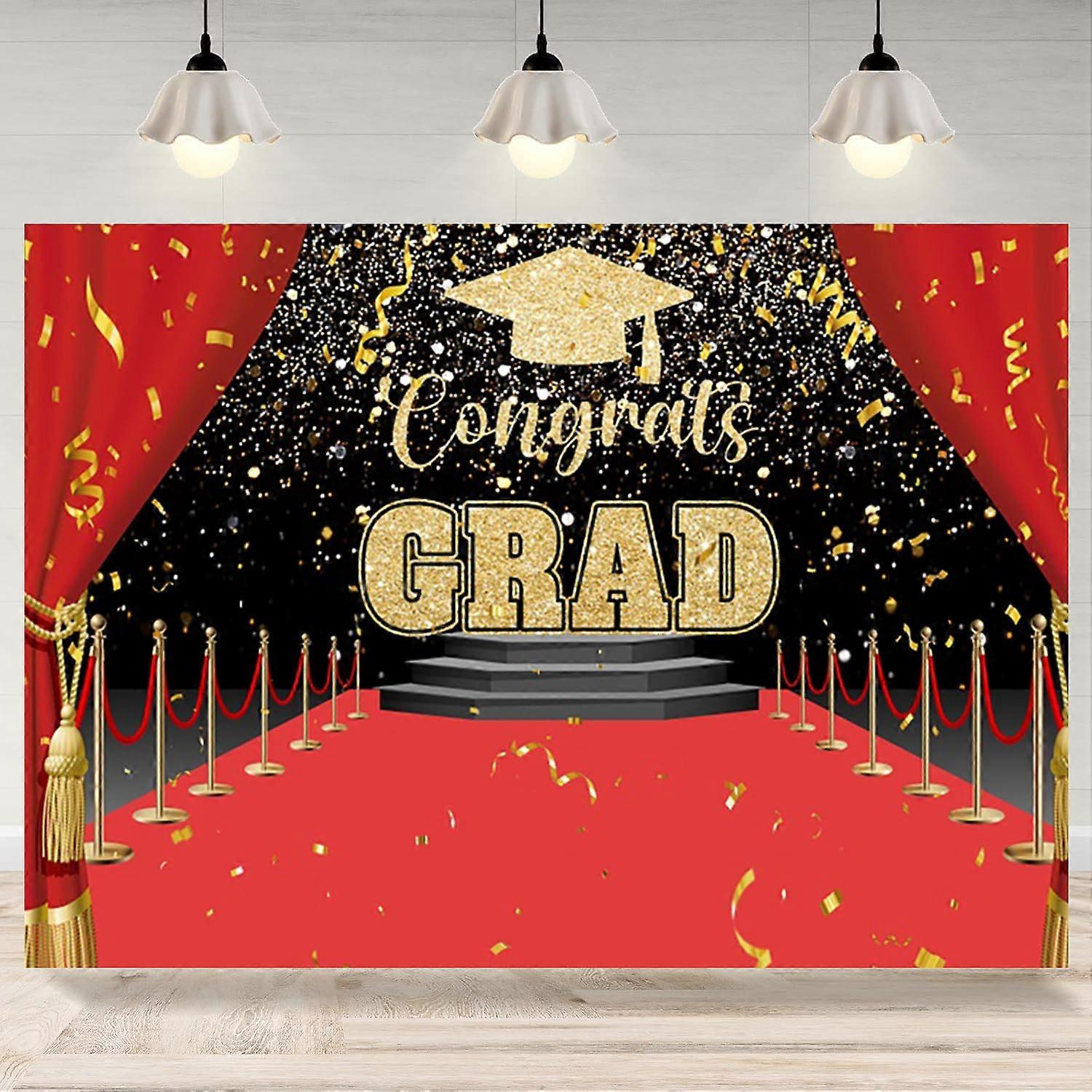 10x8ft Congrats Grad Backdrop Class of 2025 Red Carpet Curtain Gold Glitter Photography Background for Graduation Party Decor