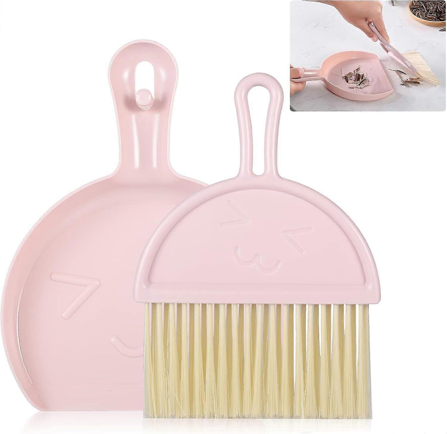 Mini Dustpan and Brush, Pink Broom and Dustpan Set, Portable Cleaning Brush and Dustpan Combo, Flexible Lip