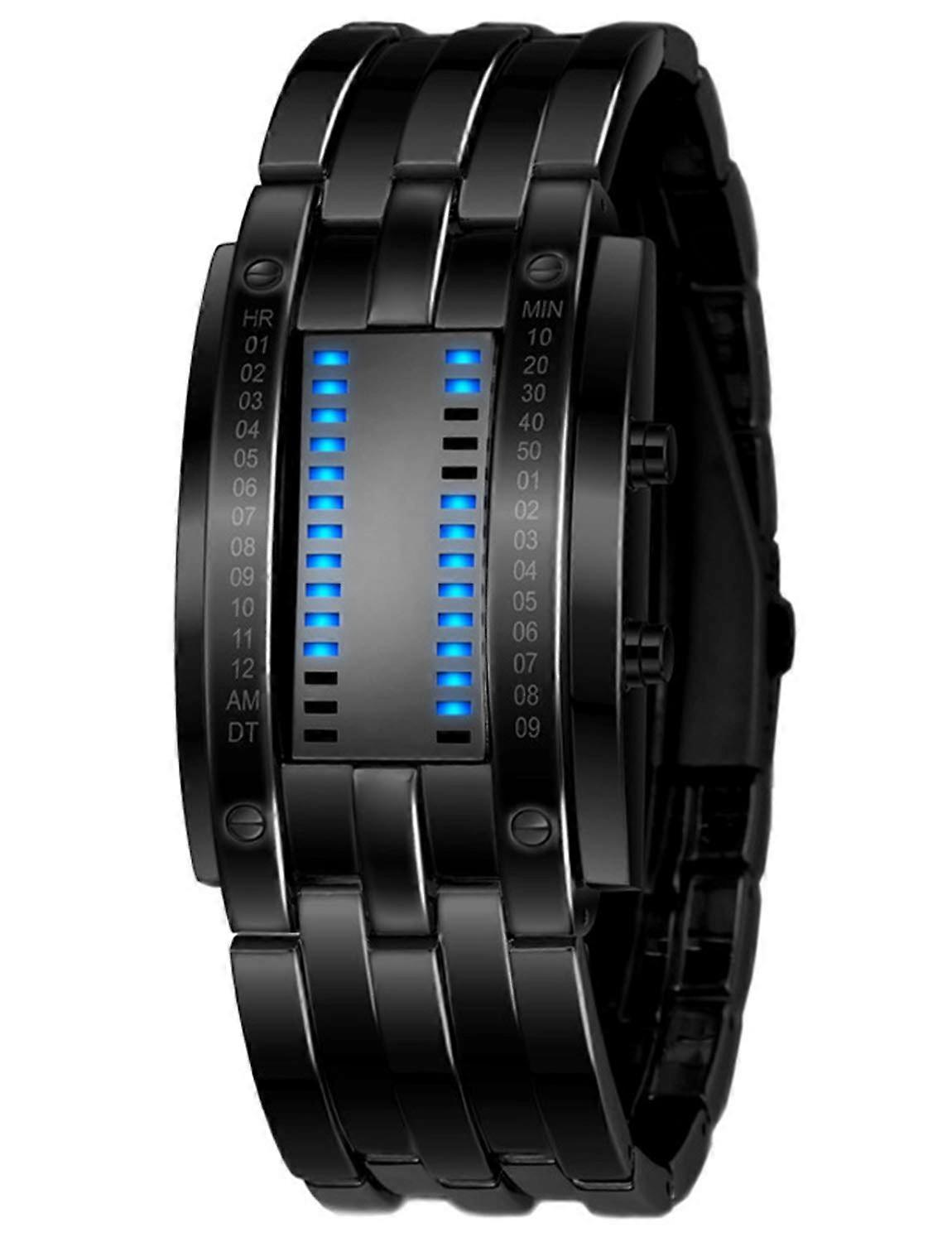 Fashion Men's Binary Sports Clock Digital LED Matrix Plain Open Black Bracelet Square Blue Back Light Watch