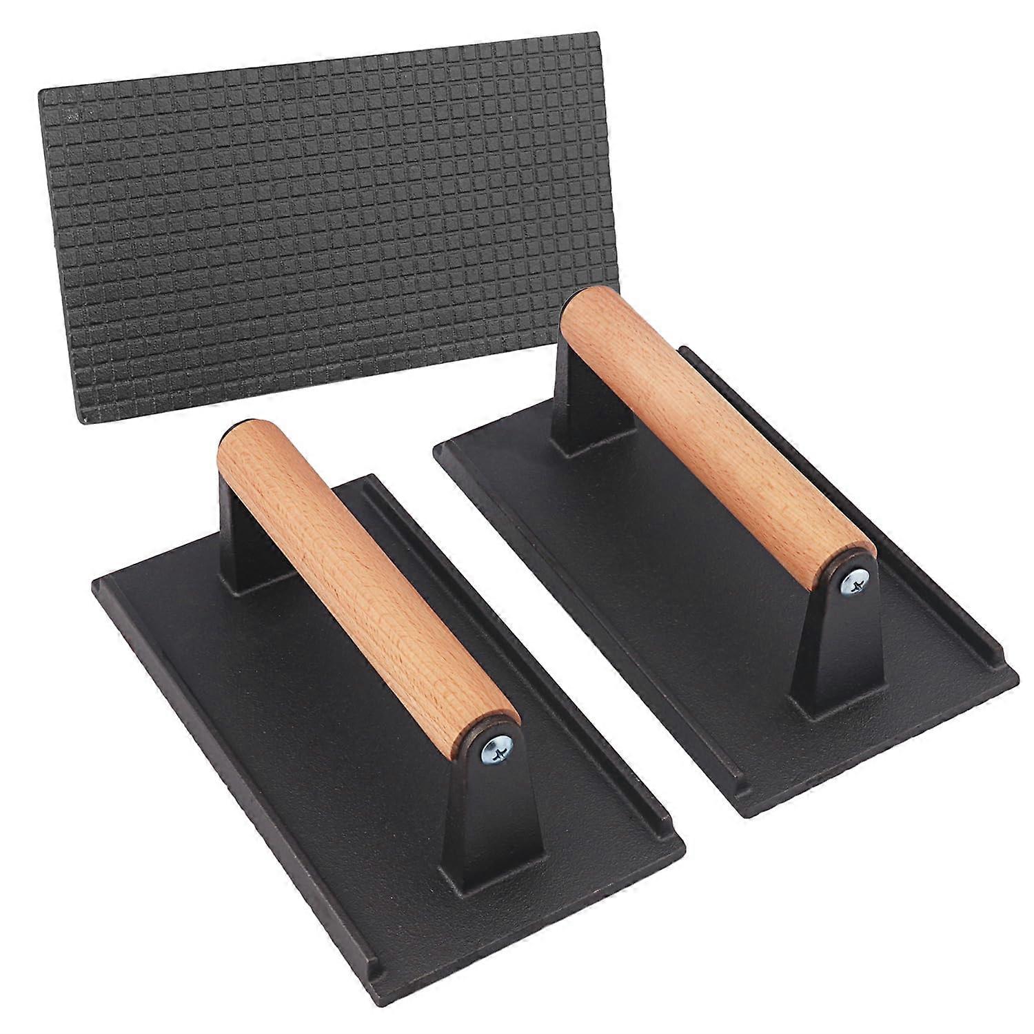 3 Packs 8.26 x 4.3 Inch Cast Iron Grill Press Set, Steak and Burger Press with Wooden Handle for Burgers, Bacon, Paninis, and More! by